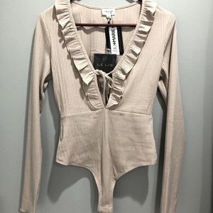 Le Lis Ruffle Deep V Ruffle Thong Bodysuit